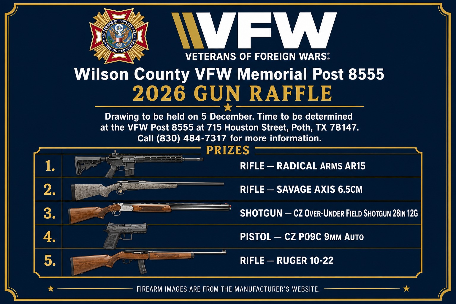 Wilson County VFW Memorial Post 8555 2026 Gun Raffle flyer